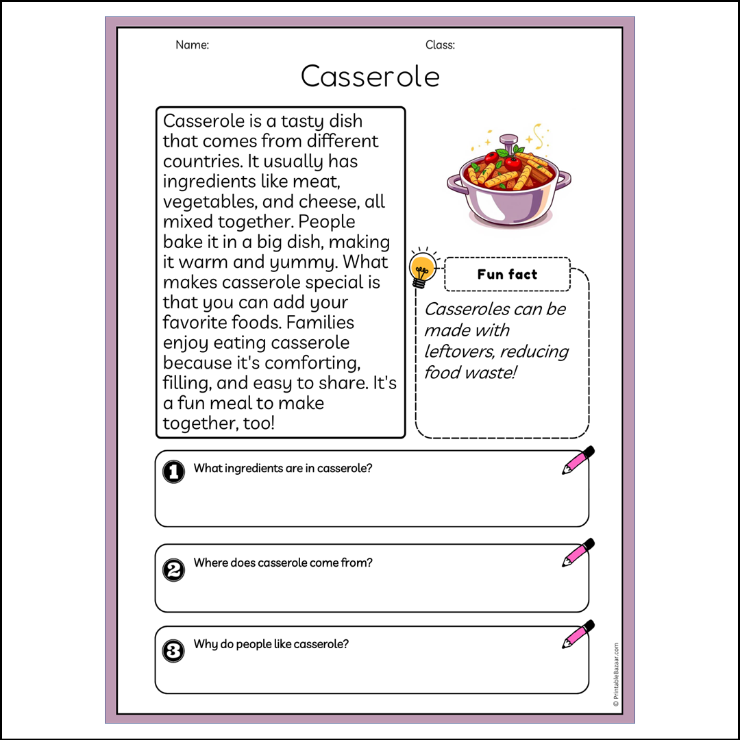 Casserole | Reading Passage Comprehension Questions Writing Facts Worksheet