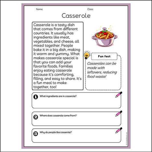 Casserole | Reading Passage Comprehension Questions Writing Facts Worksheet