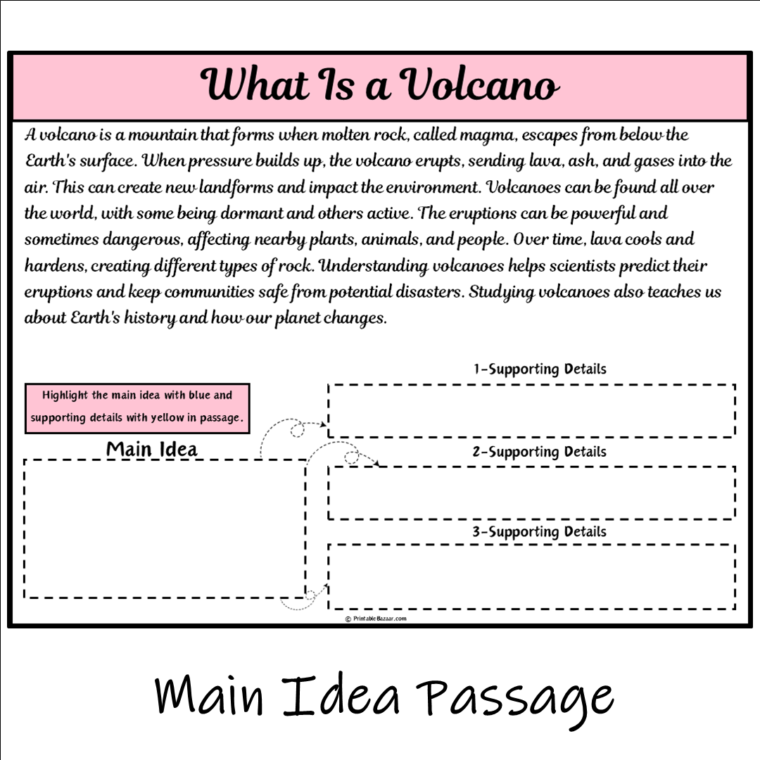 What Is a Volcano | Main Idea and Supporting Details Reading Passage and Questions