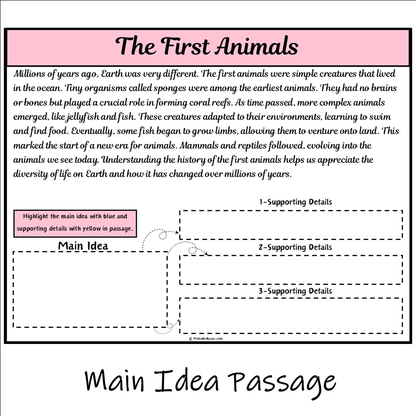 The First Animals | Main Idea and Supporting Details Reading Passage and Questions