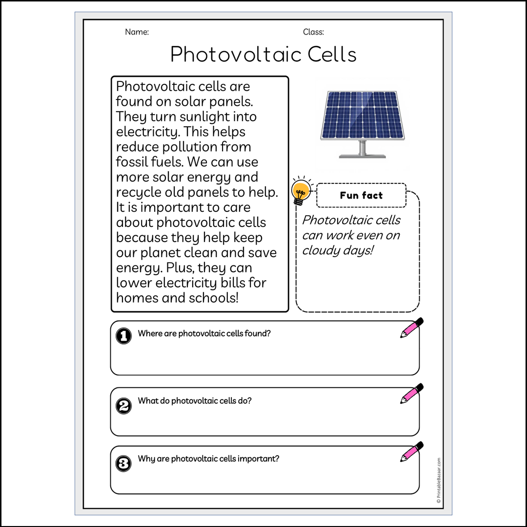 Photovoltaic Cells | Reading Passage Comprehension Questions Writing Facts Worksheet