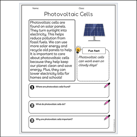 Photovoltaic Cells | Reading Passage Comprehension Questions Writing Facts Worksheet