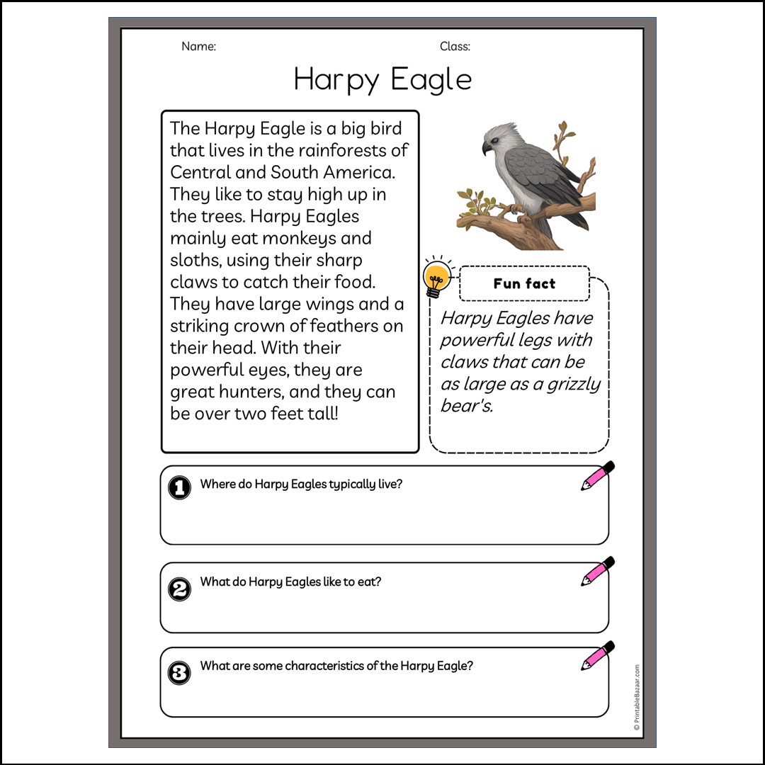 Harpy Eagle | Reading Passage Comprehension Questions Writing Facts Worksheet