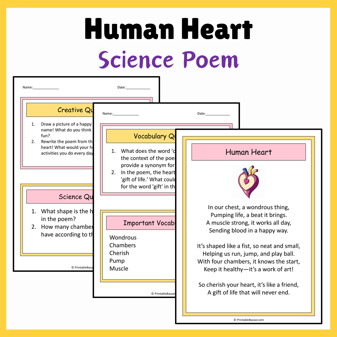 Human Heart | Science Poem Reading Comprehension Activity