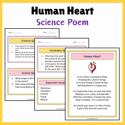 Human Heart | Science Poem Reading Comprehension Activity