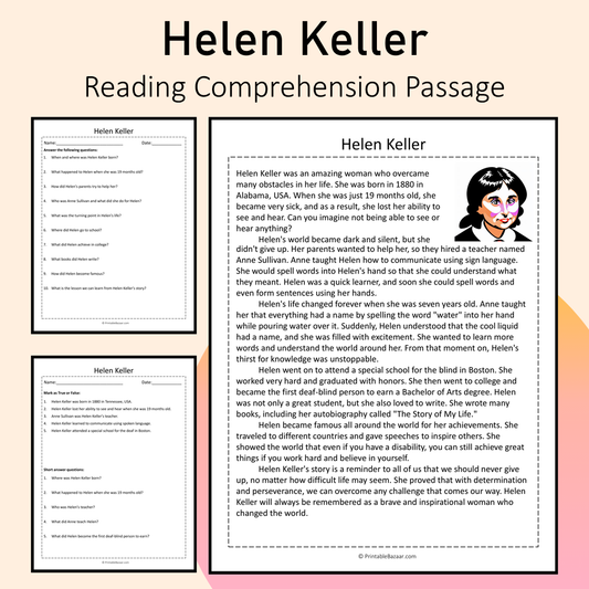 Helen Keller | Reading Comprehension Passage Printable Activity