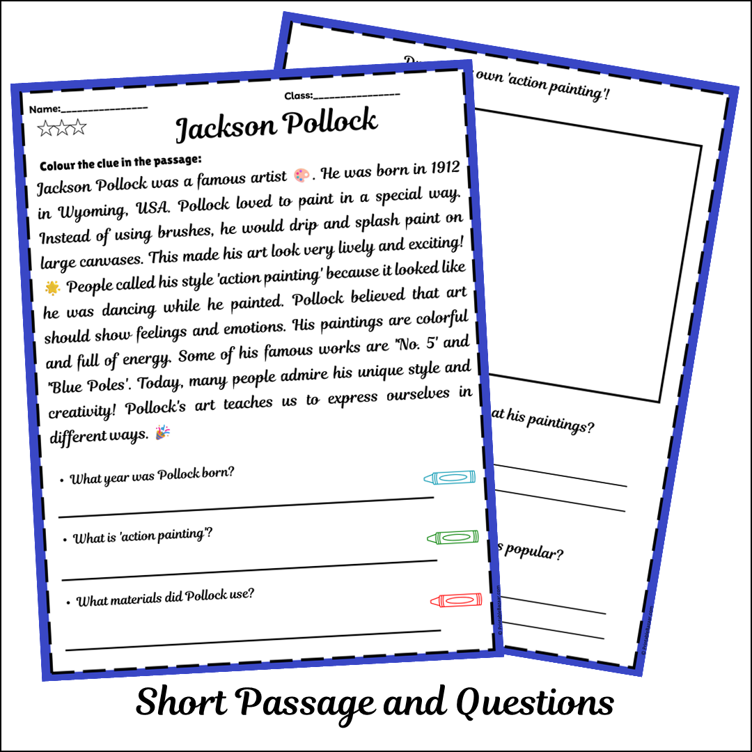 Jackson Pollock | Short Reading Comprehension Creative Worksheet