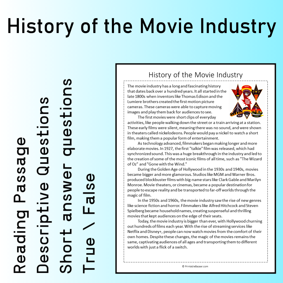 History of the Movie Industry | Reading Comprehension Passage Printable Worksheet