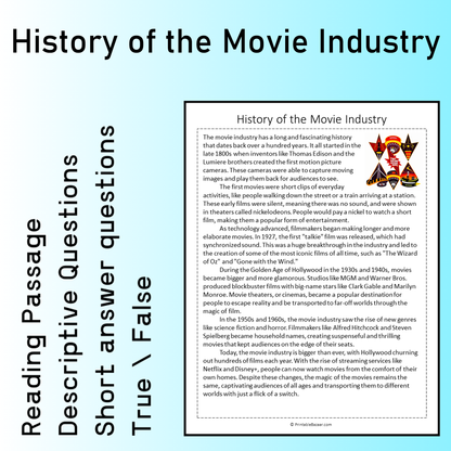 History of the Movie Industry | Reading Comprehension Passage Printable Worksheet
