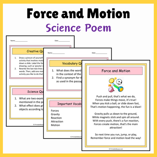 Force and Motion | Science Poem Reading Comprehension Activity