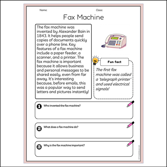 Fax Machine | Reading Passage Comprehension Questions Writing Facts Worksheet