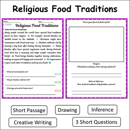 Religious Food Traditions | Short Reading Comprehension Creative Worksheet