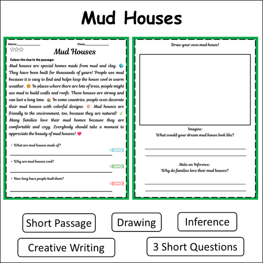 Mud Houses | Short Reading Comprehension Creative Worksheet