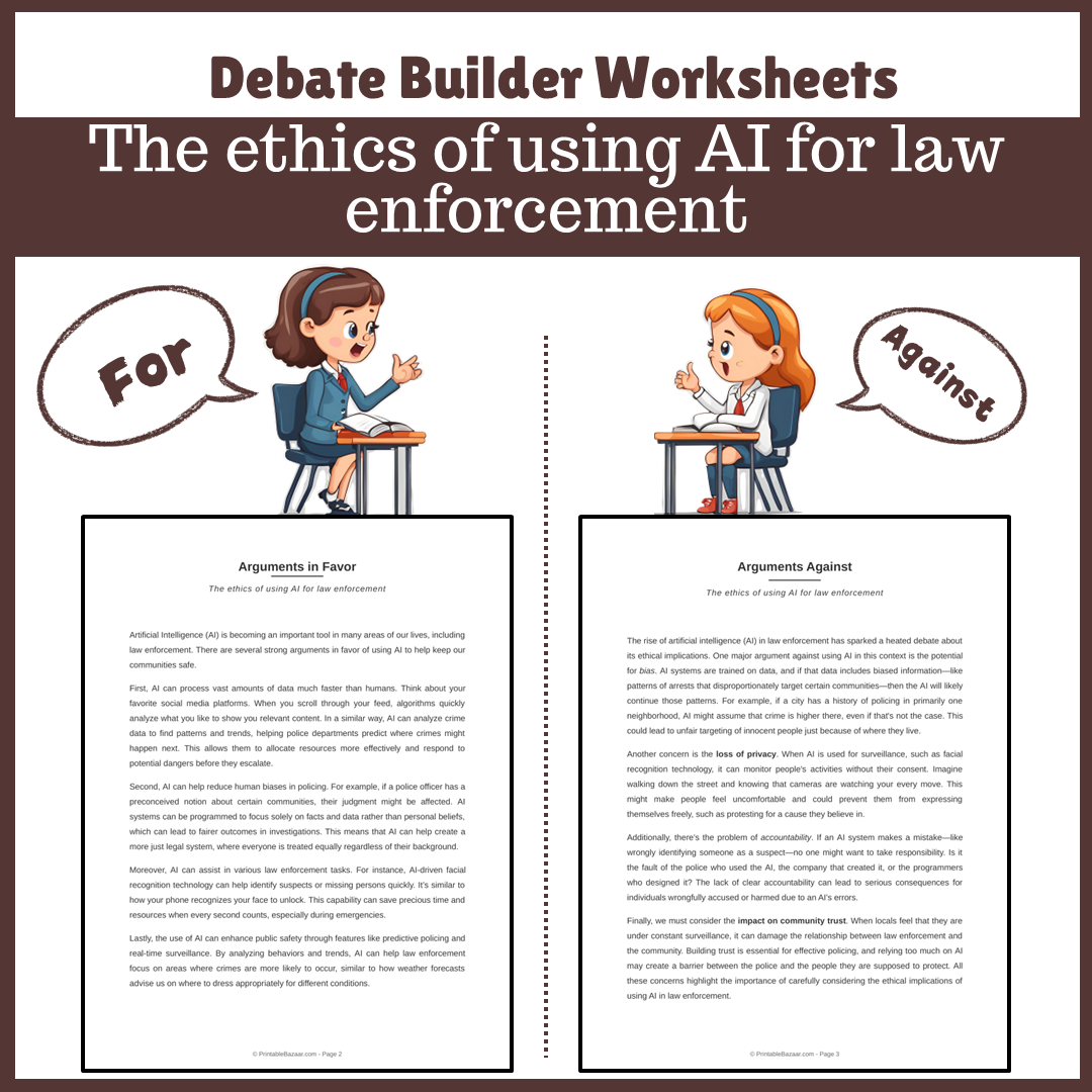 The ethics of using AI for law enforcement | Favour and Against Worksheet Printable Activity