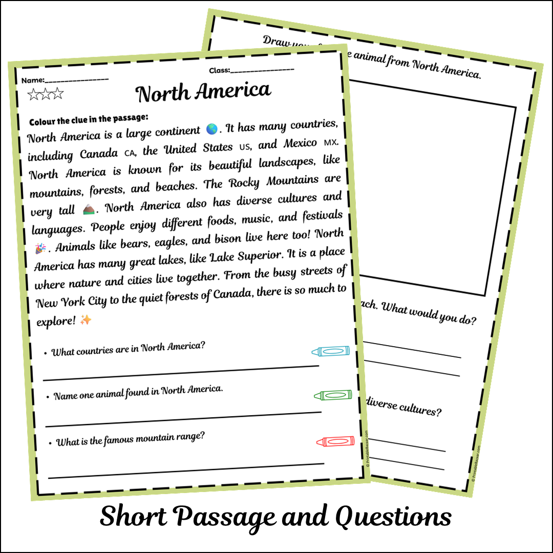 North America | Short Reading Comprehension Creative Worksheet