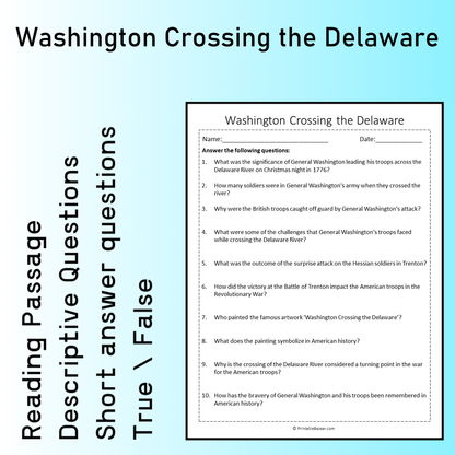 Washington Crossing the Delaware | Reading Comprehension Passage Printable Worksheet