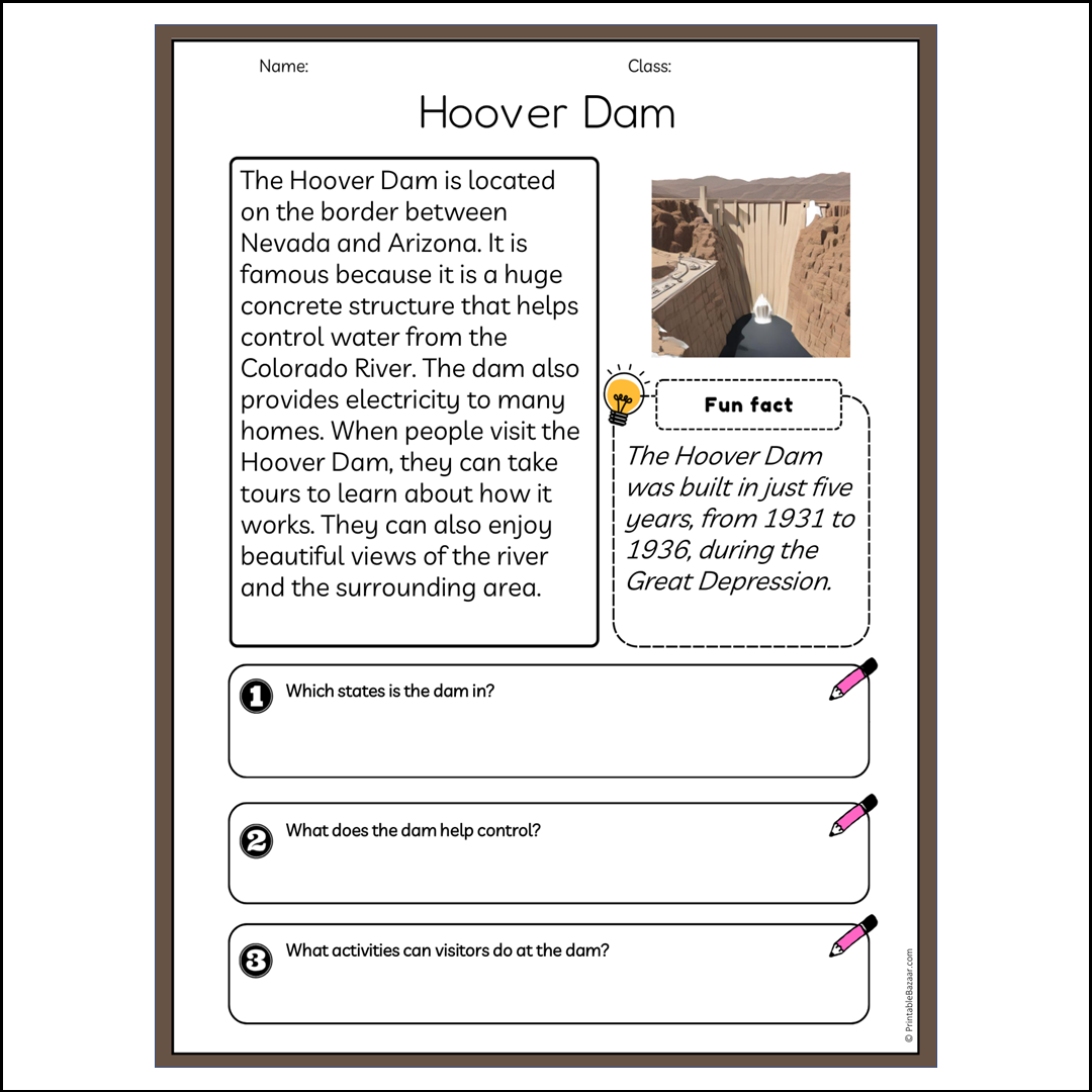 Hoover Dam | Reading Passage Comprehension Questions Writing Facts Worksheet