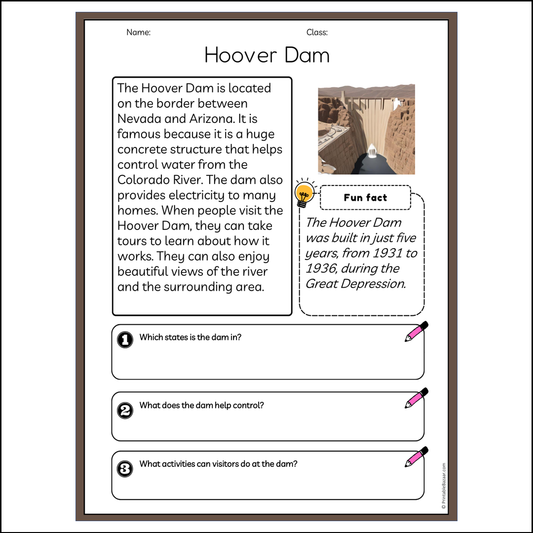 Hoover Dam | Reading Passage Comprehension Questions Writing Facts Worksheet