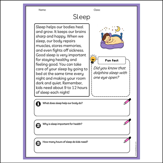 Sleep | Reading Passage Comprehension Questions Writing Facts Worksheet