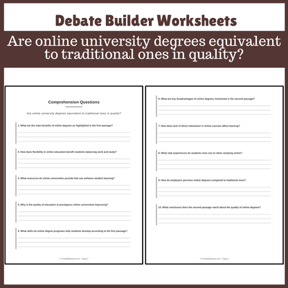 Are online university degrees equivalent to traditional ones in quality? | Favour and Against Worksheet Printable Activity