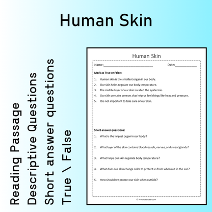 Human Skin | Reading Comprehension Passage Printable Worksheet