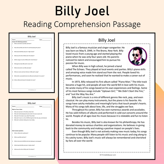 Billy Joel | Reading Comprehension Passage Printable Activity