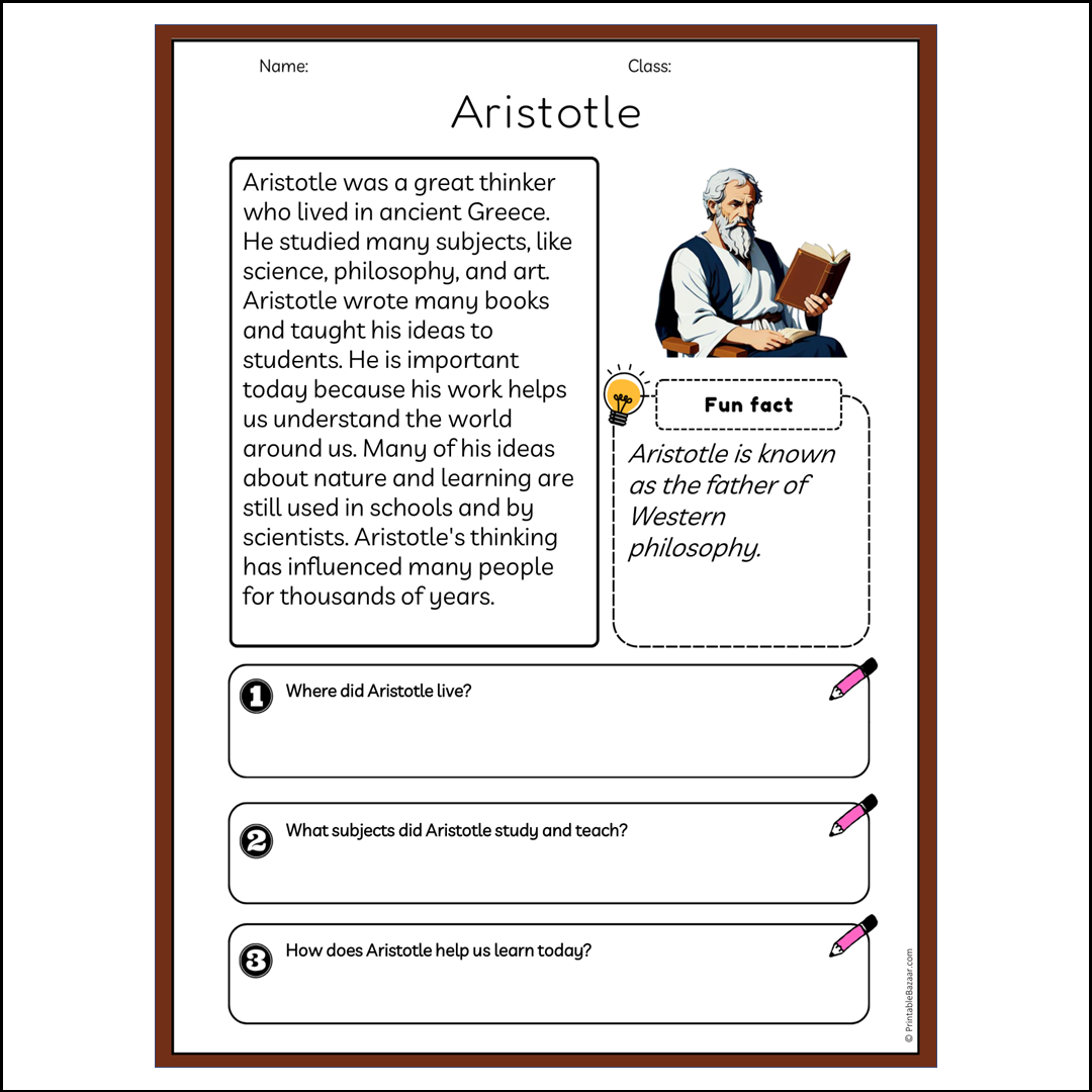 Aristotle | Reading Passage Comprehension Questions Writing Facts Worksheet