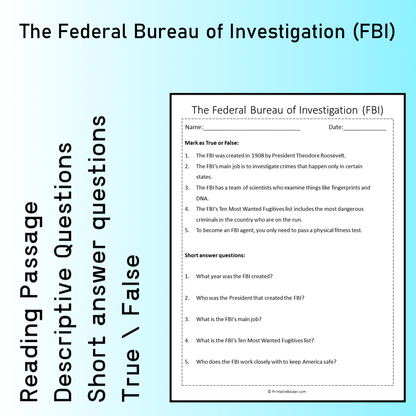 The Federal Bureau of Investigation (FBI) | Reading Comprehension Passage Printable Worksheet