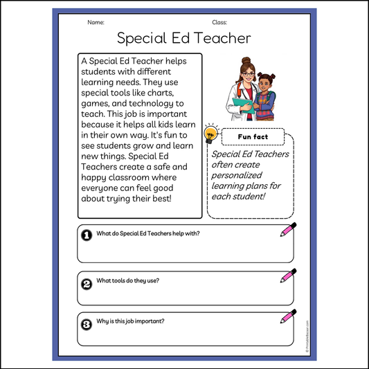 Special Ed Teacher | Reading Passage Comprehension Questions Writing Facts Worksheet