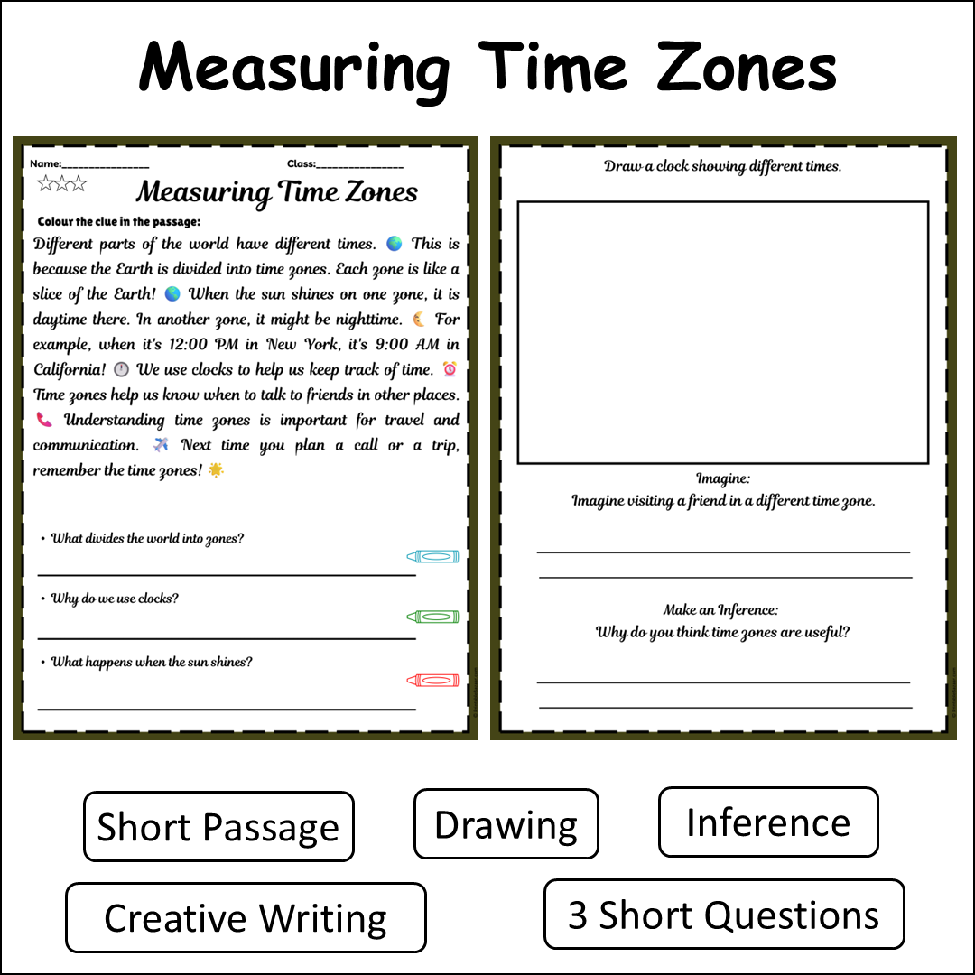 Measuring Time Zones | Short Reading Comprehension Creative Worksheet