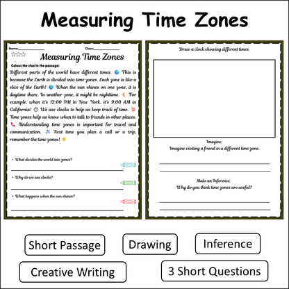 Measuring Time Zones | Short Reading Comprehension Creative Worksheet