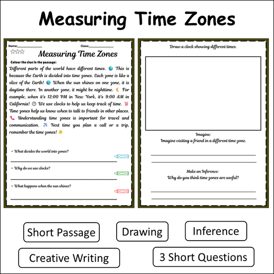 Measuring Time Zones | Short Reading Comprehension Creative Worksheet