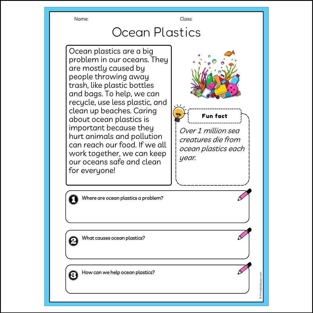 Ocean Plastics | Reading Passage Comprehension Questions Writing Facts Worksheet