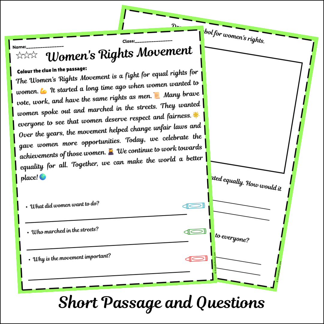 Women's Rights Movement | Short Reading Comprehension Creative Worksheet