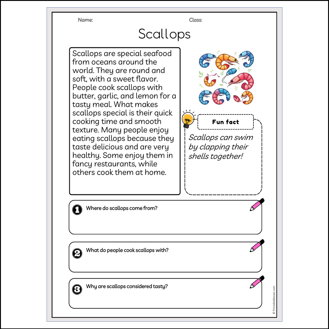 Scallops | Reading Passage Comprehension Questions Writing Facts Worksheet