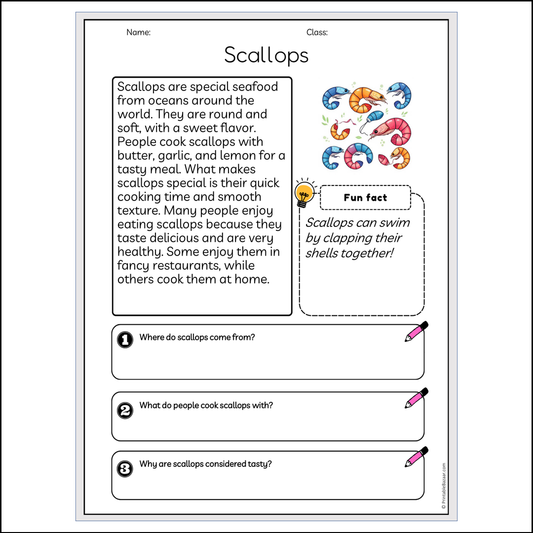 Scallops | Reading Passage Comprehension Questions Writing Facts Worksheet