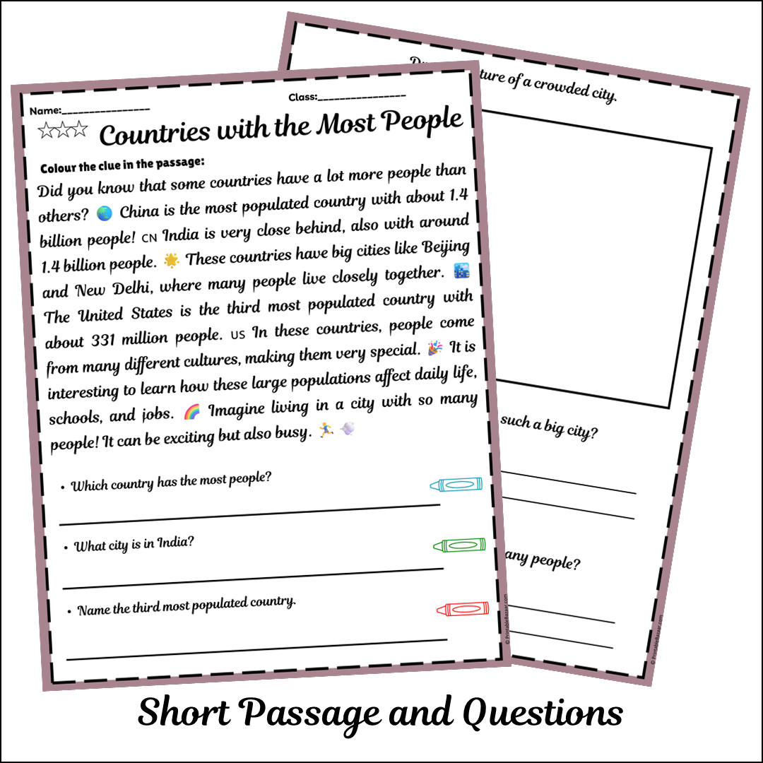 Countries with the Most People | Short Reading Comprehension Creative Worksheet