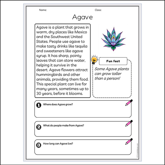 Agave | Reading Passage Comprehension Questions Writing Facts Worksheet