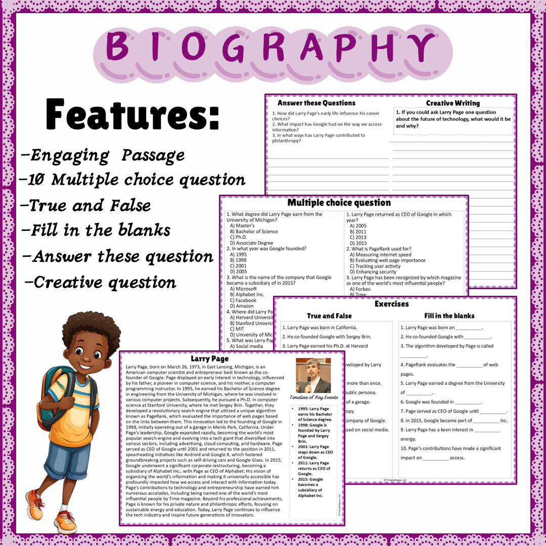 Larry Page | Biography Reading Comprehension and Questions Worksheet