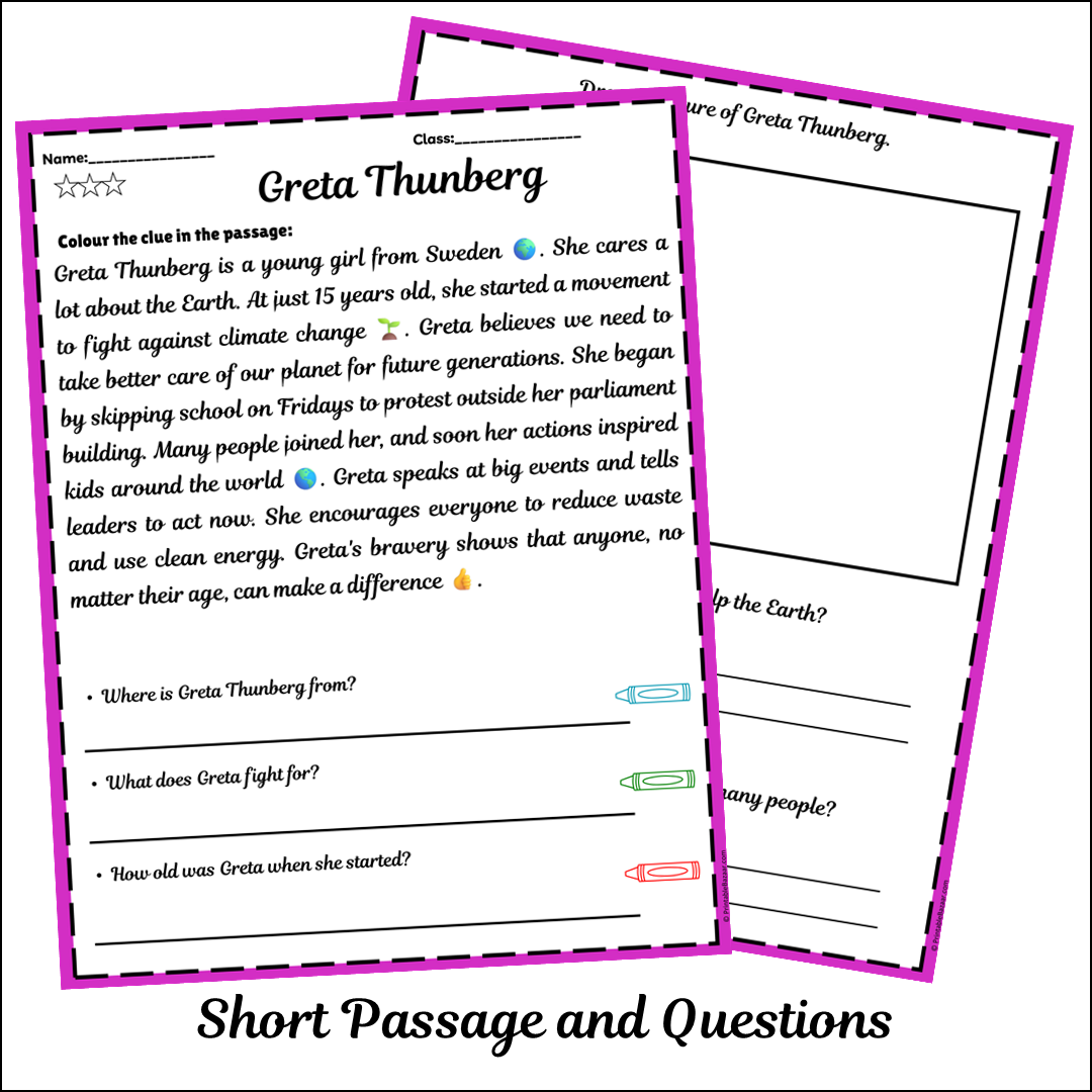 Greta Thunberg | Short Reading Comprehension Creative Worksheet