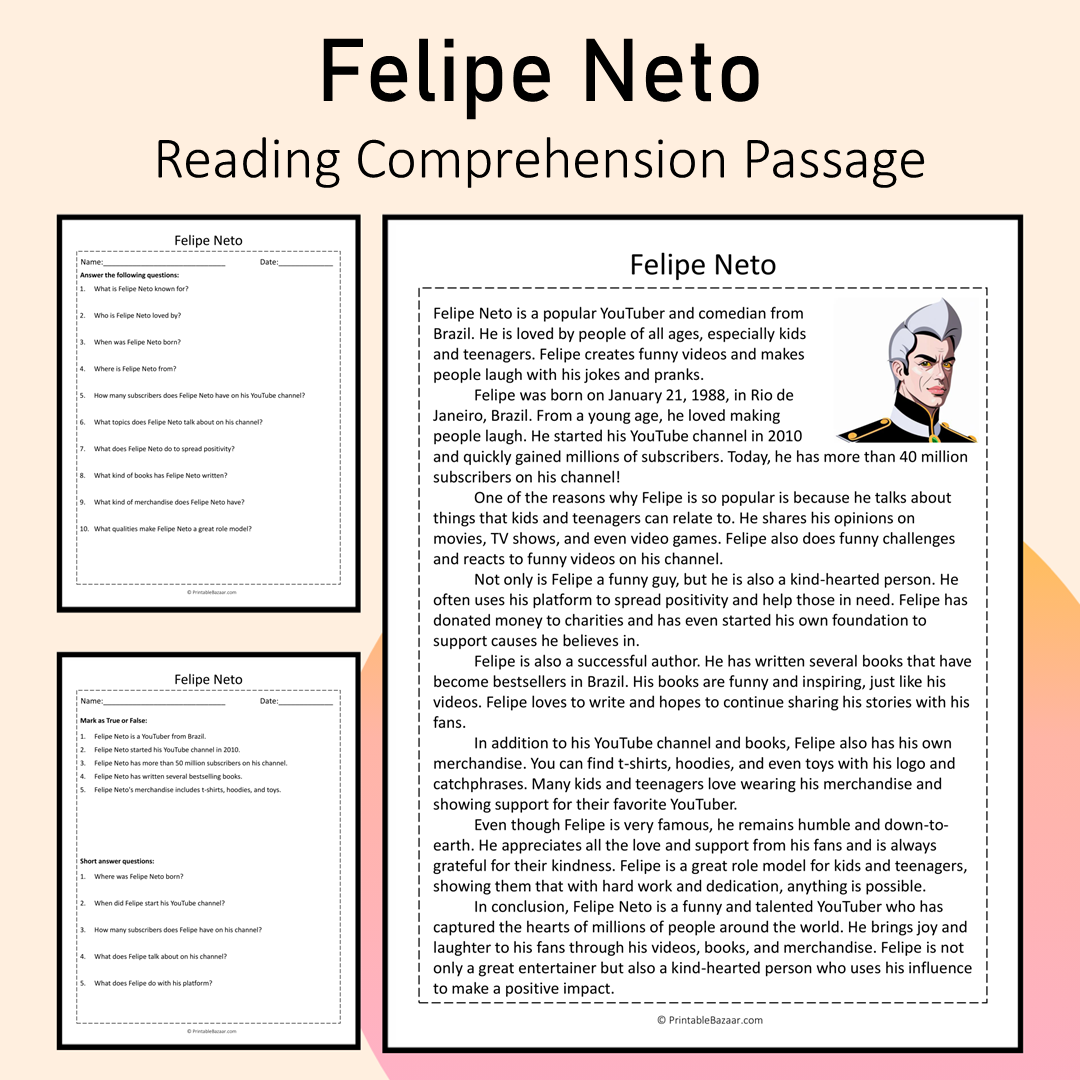 Felipe Neto | Reading Comprehension Passage Printable Activity