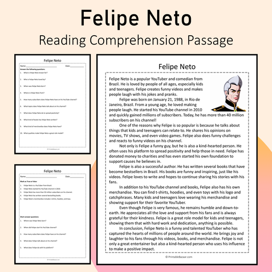Felipe Neto | Reading Comprehension Passage Printable Activity