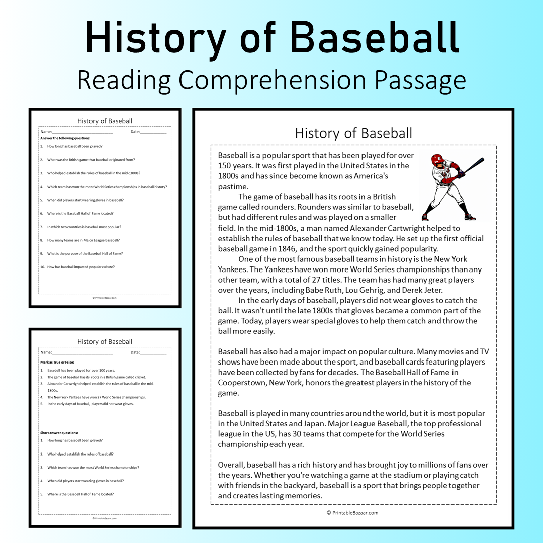 History of Baseball | Reading Comprehension Passage Printable Worksheet