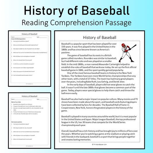 History of Baseball | Reading Comprehension Passage Printable Worksheet