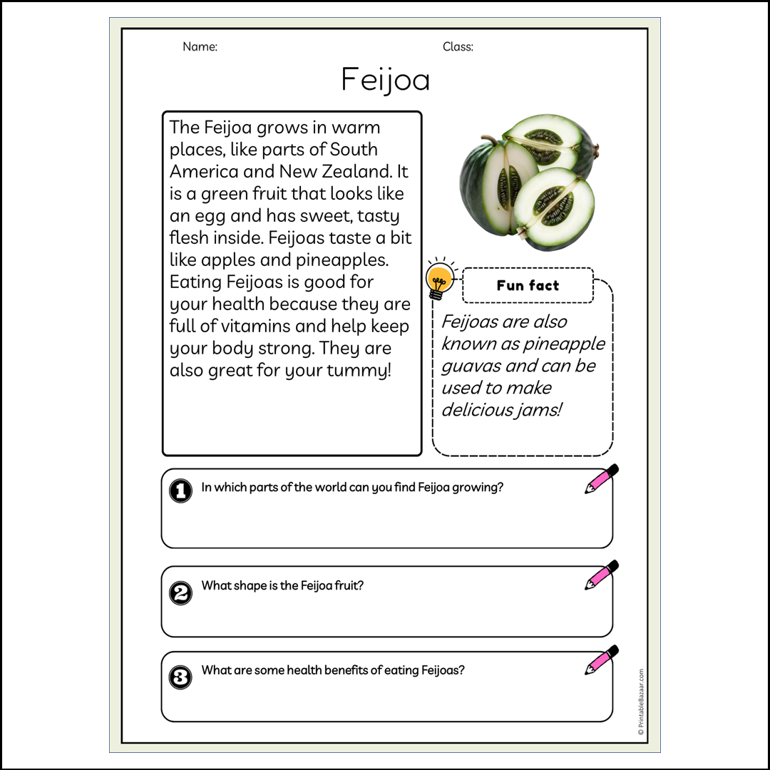 Feijoa | Reading Passage Comprehension Questions Writing Facts Worksheet