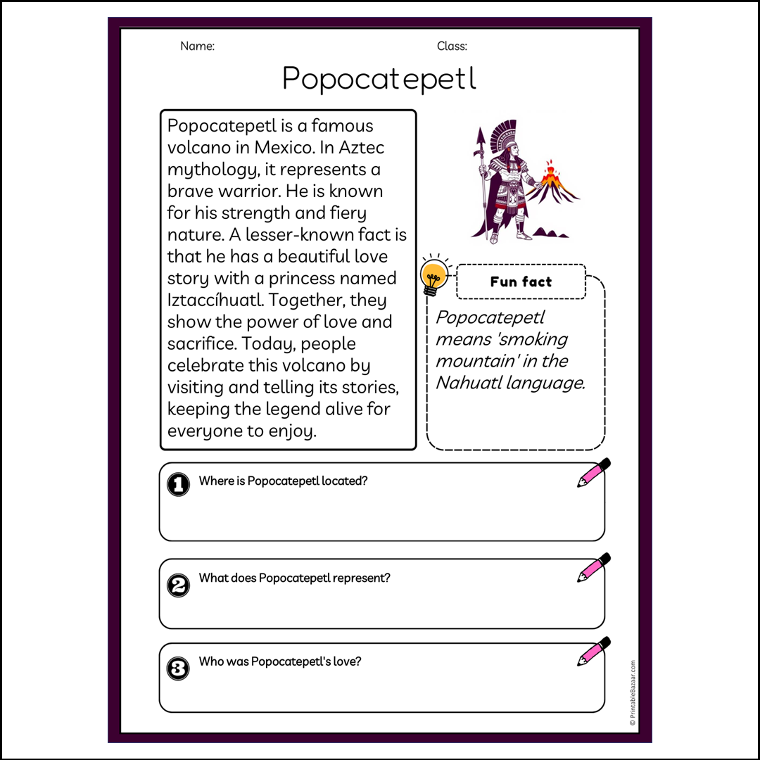 Popocatepetl | Reading Passage Comprehension Questions Writing Facts Worksheet