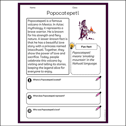 Popocatepetl | Reading Passage Comprehension Questions Writing Facts Worksheet