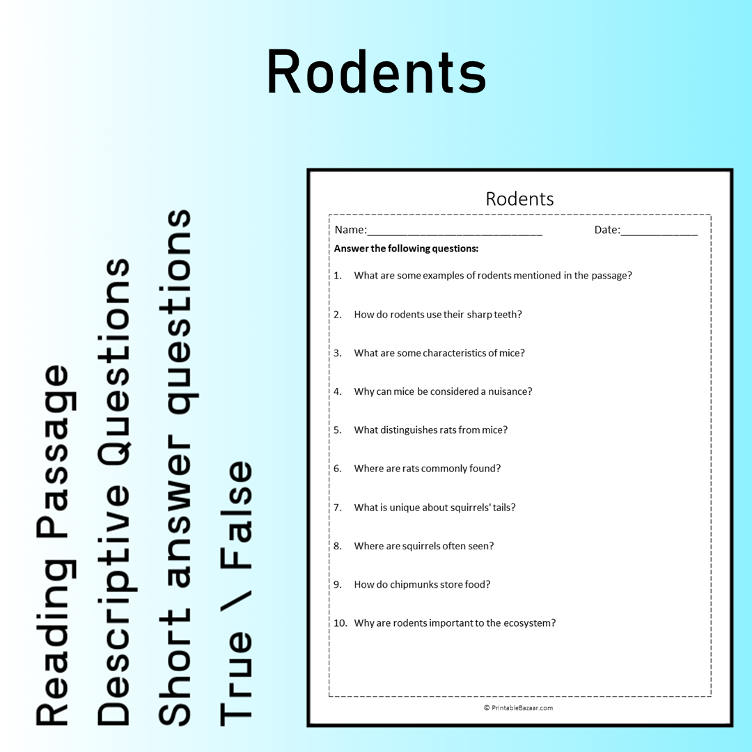 Rodents | Reading Comprehension Passage Printable Worksheet