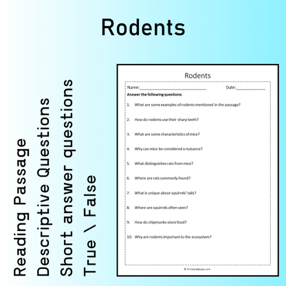 Rodents | Reading Comprehension Passage Printable Worksheet