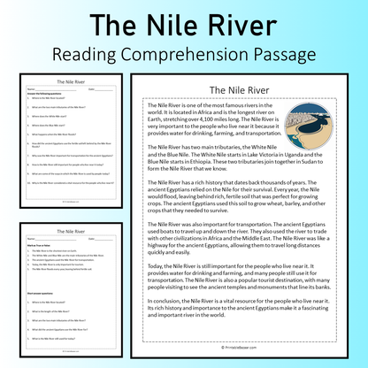 The Nile River | Reading Comprehension Passage Printable Worksheet